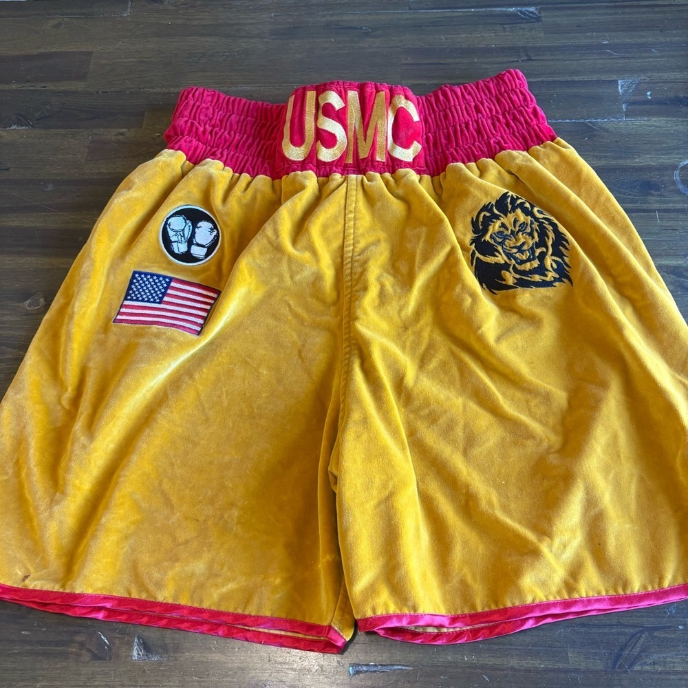 USMC Warrior Boxing Shorts Patches Velour Velvet Gold Red Yellow Vintage